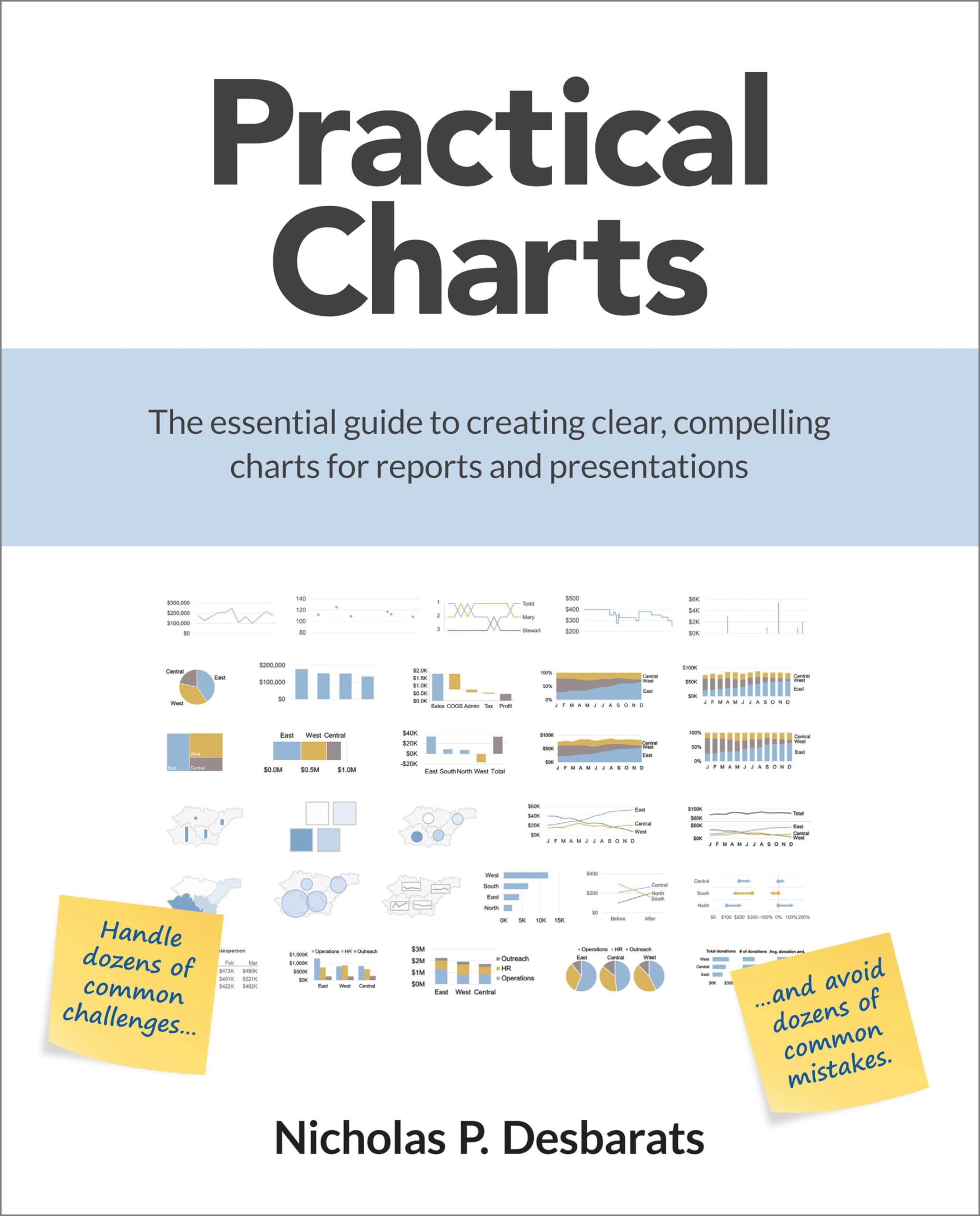 כותרת "Practical Charts" עם גרפים ודיאגרמות שונים הממחישים סגנונות הצגה שונים.
